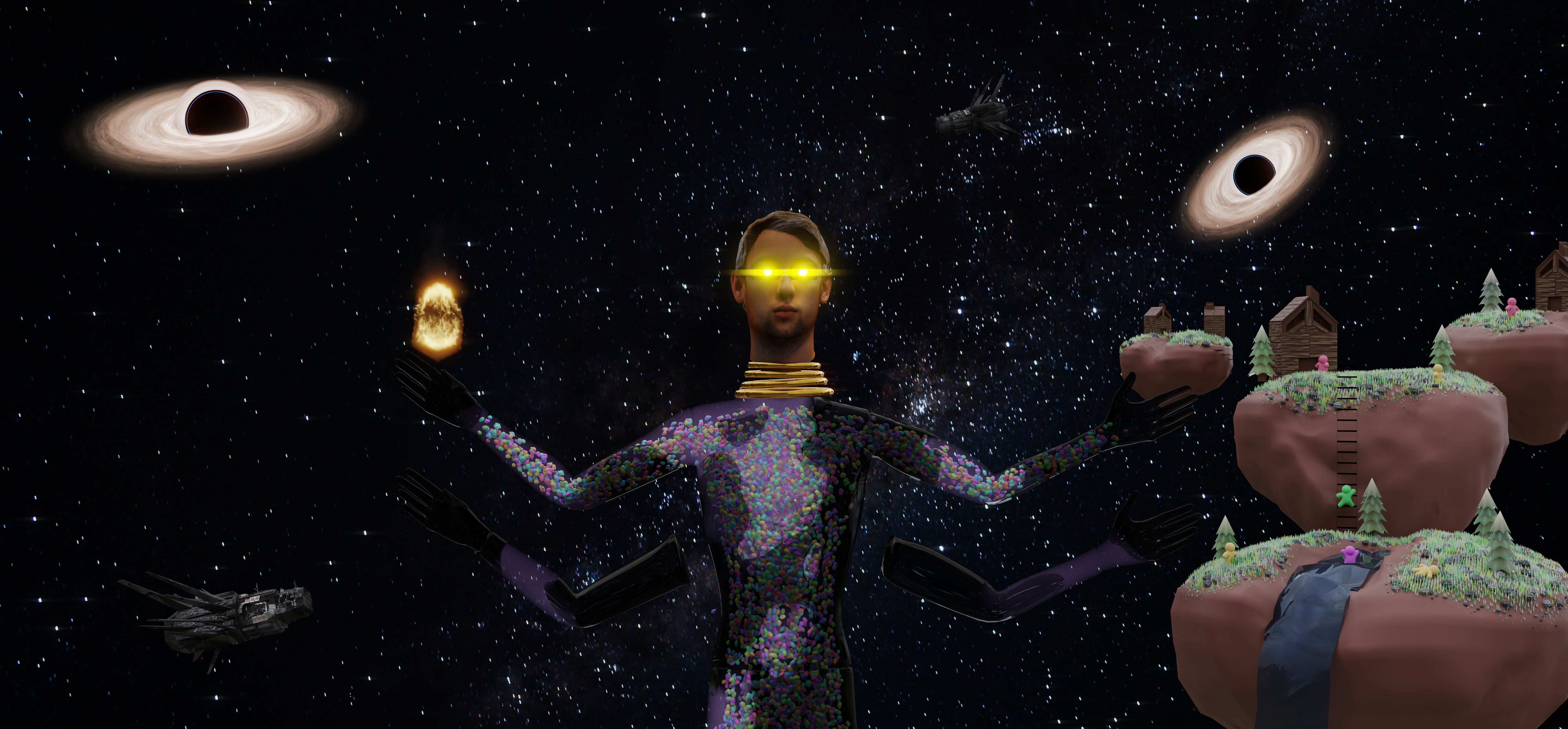 a render of a many with 4 arms in space